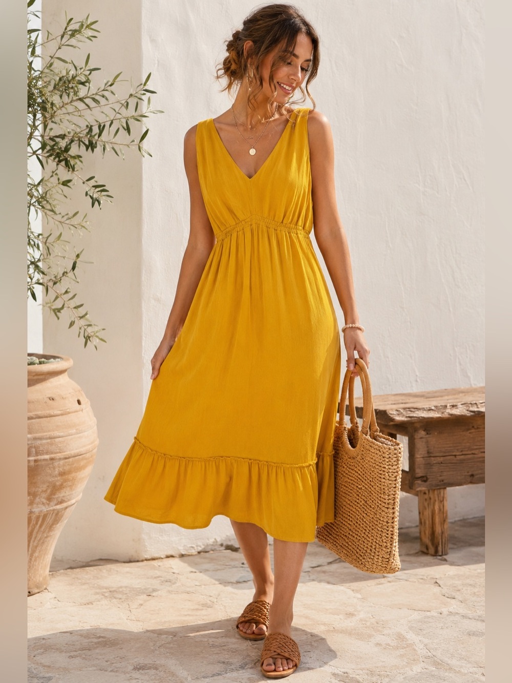 Sleeveless V-Neck Midi Dress in Mustard Yellow